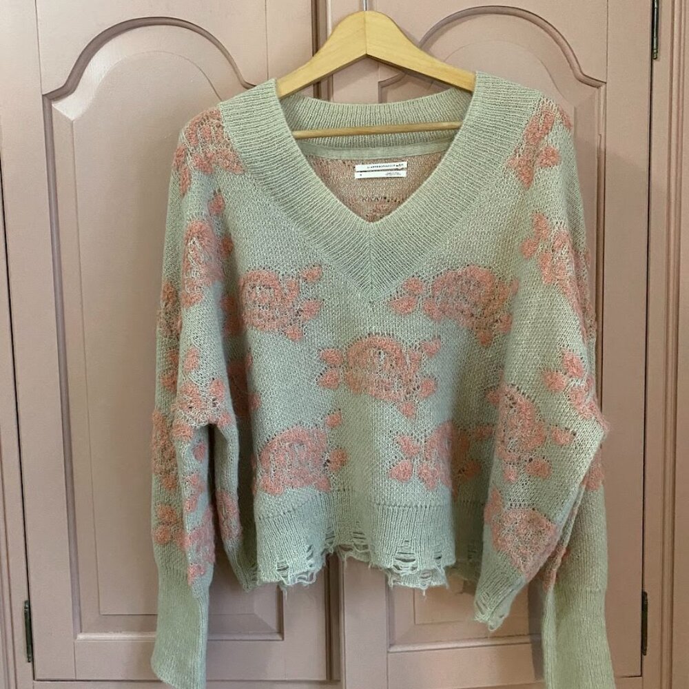 Anthropologie Floral Distressed Pullover Sweater